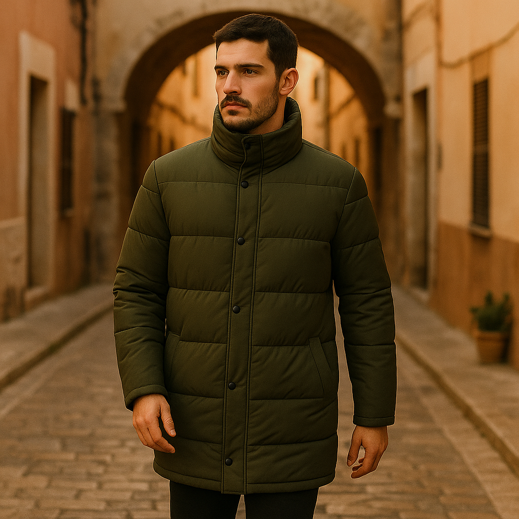 Chaqueta Acolchada Larga Verde Oliva con Cuello Alto