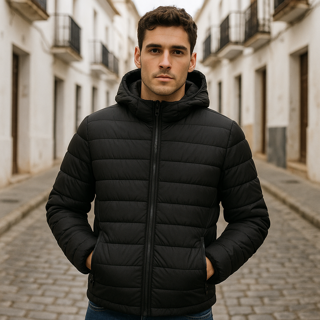 Chaqueta Acolchada Corta Negra con Capucha y Cremallera
