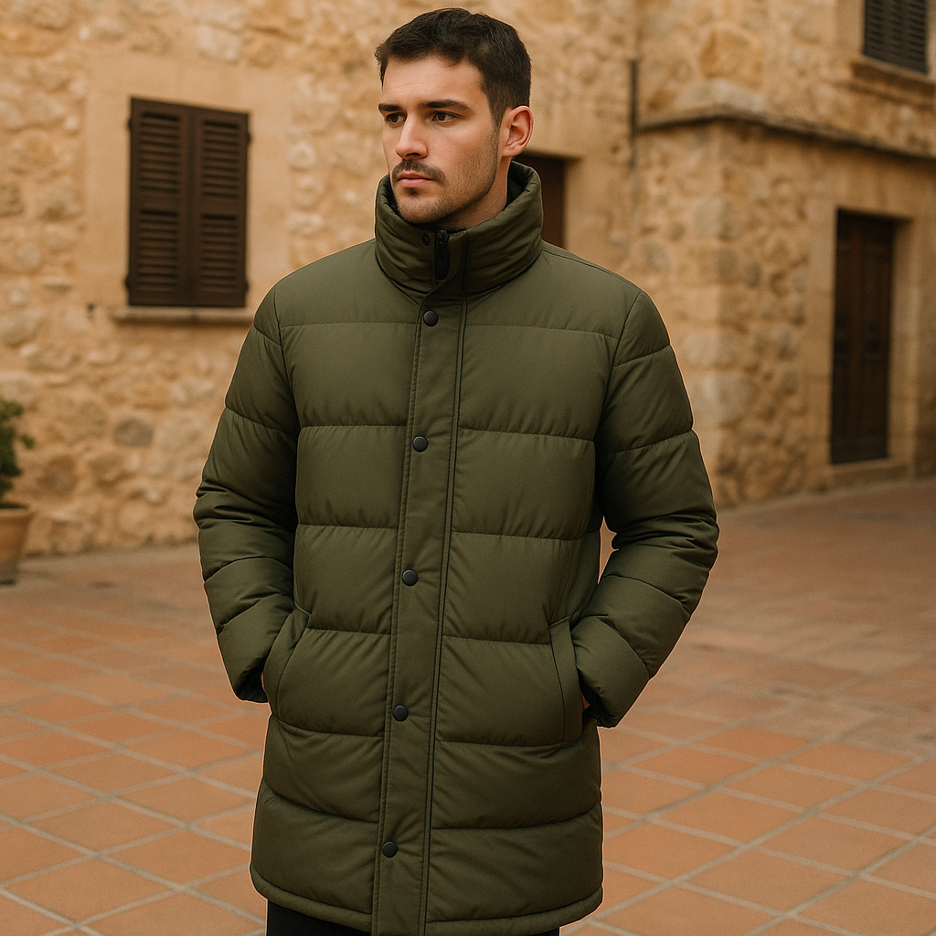 Chaqueta Acolchada Larga Verde Oliva con Cuello Alto
