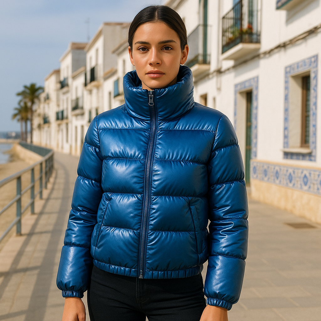 Chaqueta Acolchada Corta Azul con Acabado Metálico