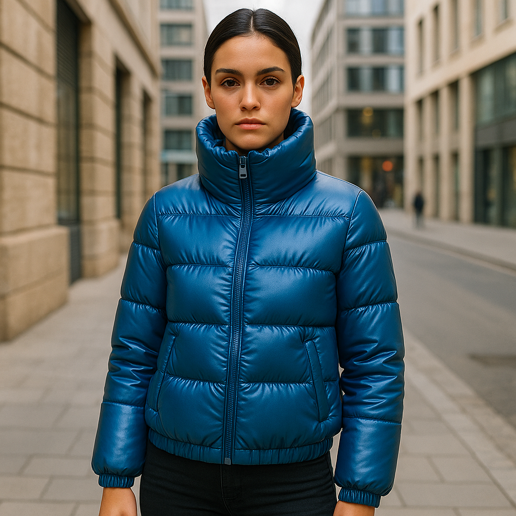 Chaqueta Acolchada Corta Azul con Acabado Metálico