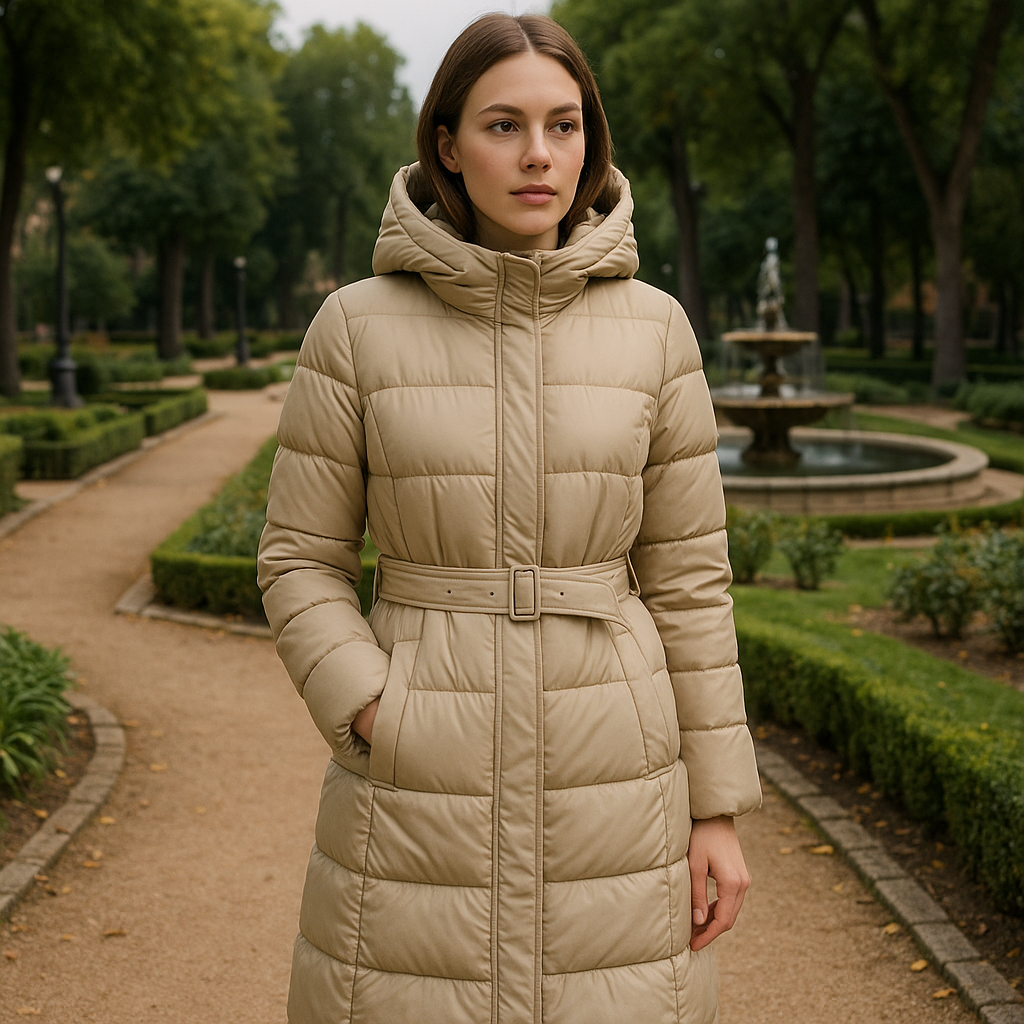 Chaqueta Acolchada Larga Beige con Capucha y Cinturón Ajustable