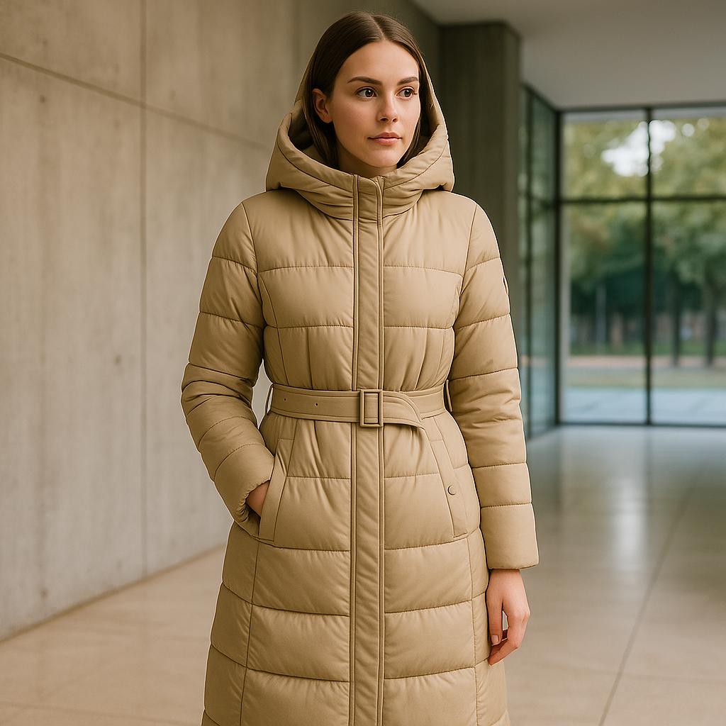 Chaqueta Acolchada Larga Beige con Capucha y Cinturón Ajustable
