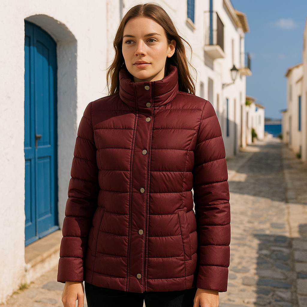 Chaqueta Acolchada de Media Longitud en Rojo Oscuro con Broches