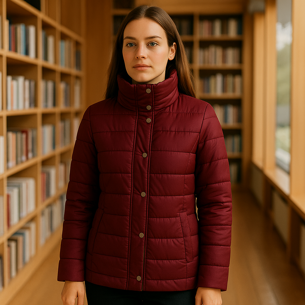 Chaqueta Acolchada de Media Longitud en Rojo Oscuro con Broches