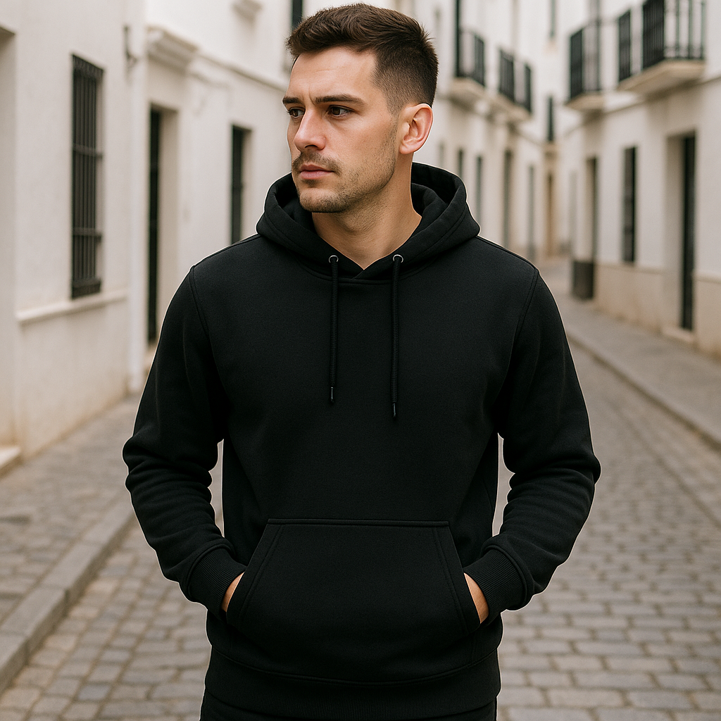 Sudadera con Capucha Negra y Bolsillo Canguro