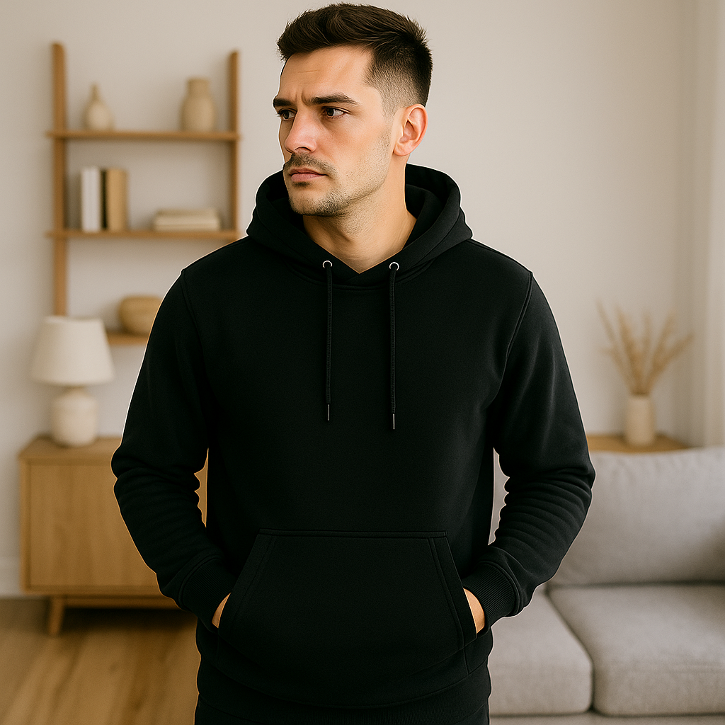 Sudadera con Capucha Negra y Bolsillo Canguro