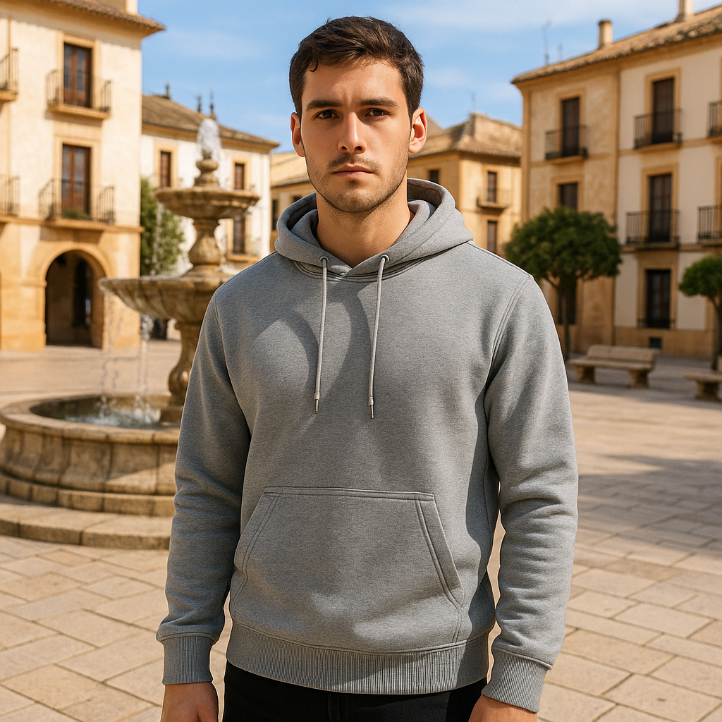 Sudadera con Capucha Gris Jaspeado de Corte Recto