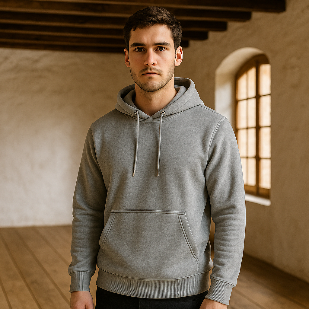 Sudadera con Capucha Gris Jaspeado de Corte Recto