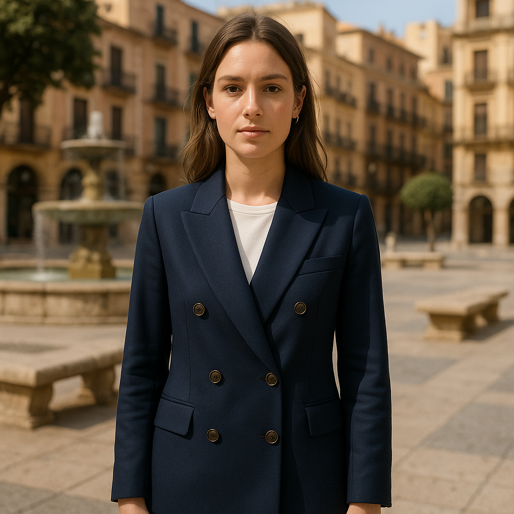 Blazer de Mujer Azul Oscuro con Botonadura Doble y Cuello con Solapas