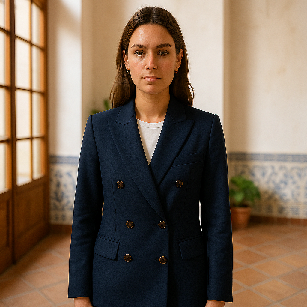 Blazer de Mujer Azul Oscuro con Botonadura Doble y Cuello con Solapas
